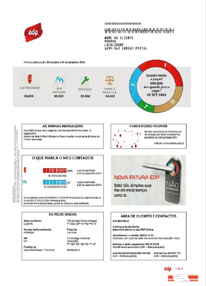 Portugal EDP utility bill template in Word and PDF format, good for address prove